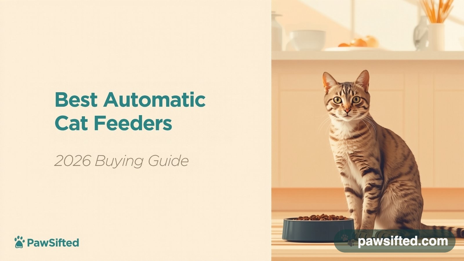 Tabby cat sitting beside a food bowl in a bright kitchen